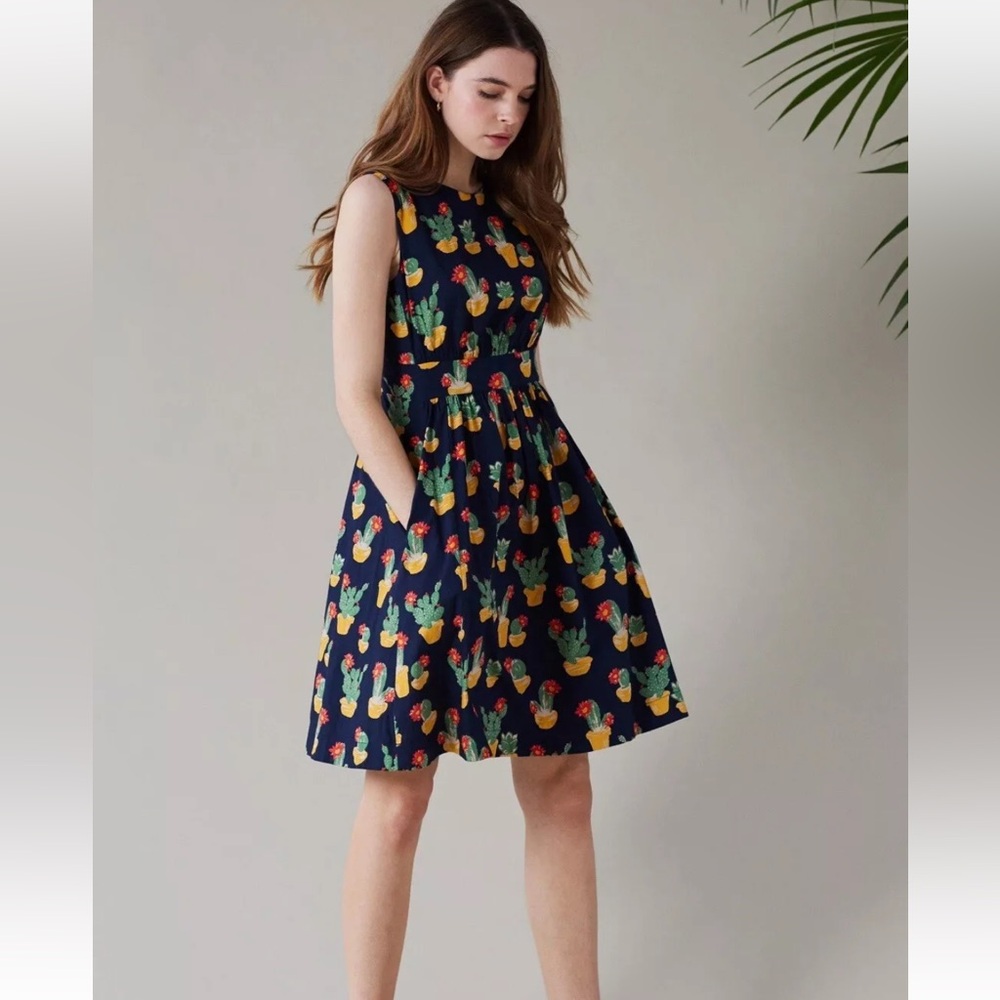 Emily And Fin Navy Lucy Cactus Succulent Sleeveless Dress Size XS